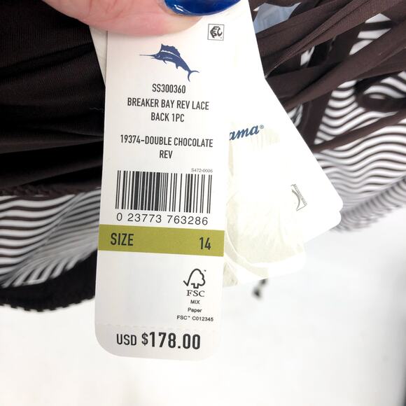 TOMMY BAHAMA Breaker Bay Reversible One-Piece Swimsuit 14 Brown Lace Back NWT - Picture 8 of 12